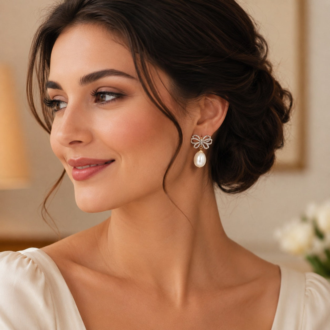 Graziella 10KT Yellow Gold Diamond &amp; Freshwater Pearl Drop Bow Earrings.