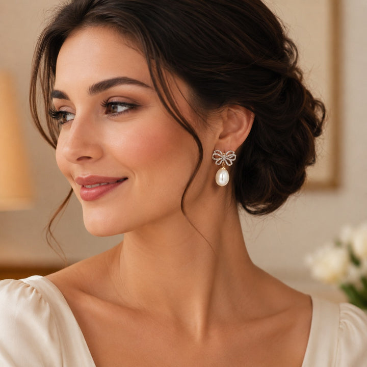 Graziella 10KT Yellow Gold Diamond &amp; Freshwater Pearl Drop Bow Earrings.