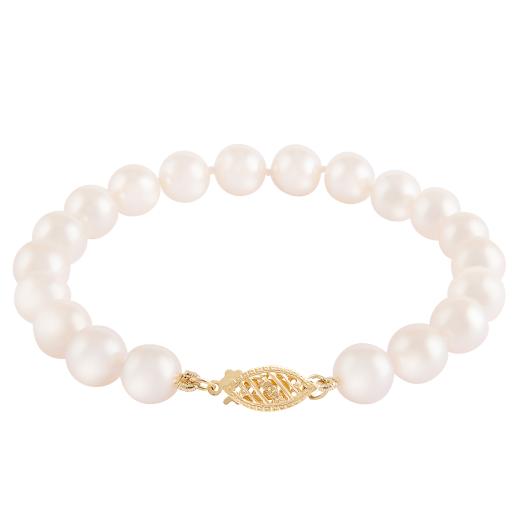 14KT Yellow Gold 7.75" 7.5-8mm White Freshwater Pearl Bracelet