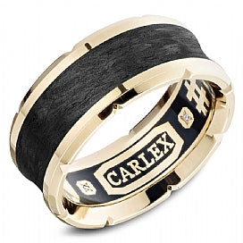 Carlex 14KT Yellow Gold &amp; Carbon fiber Inlay 0.02CTW Diamond Wedding Band.