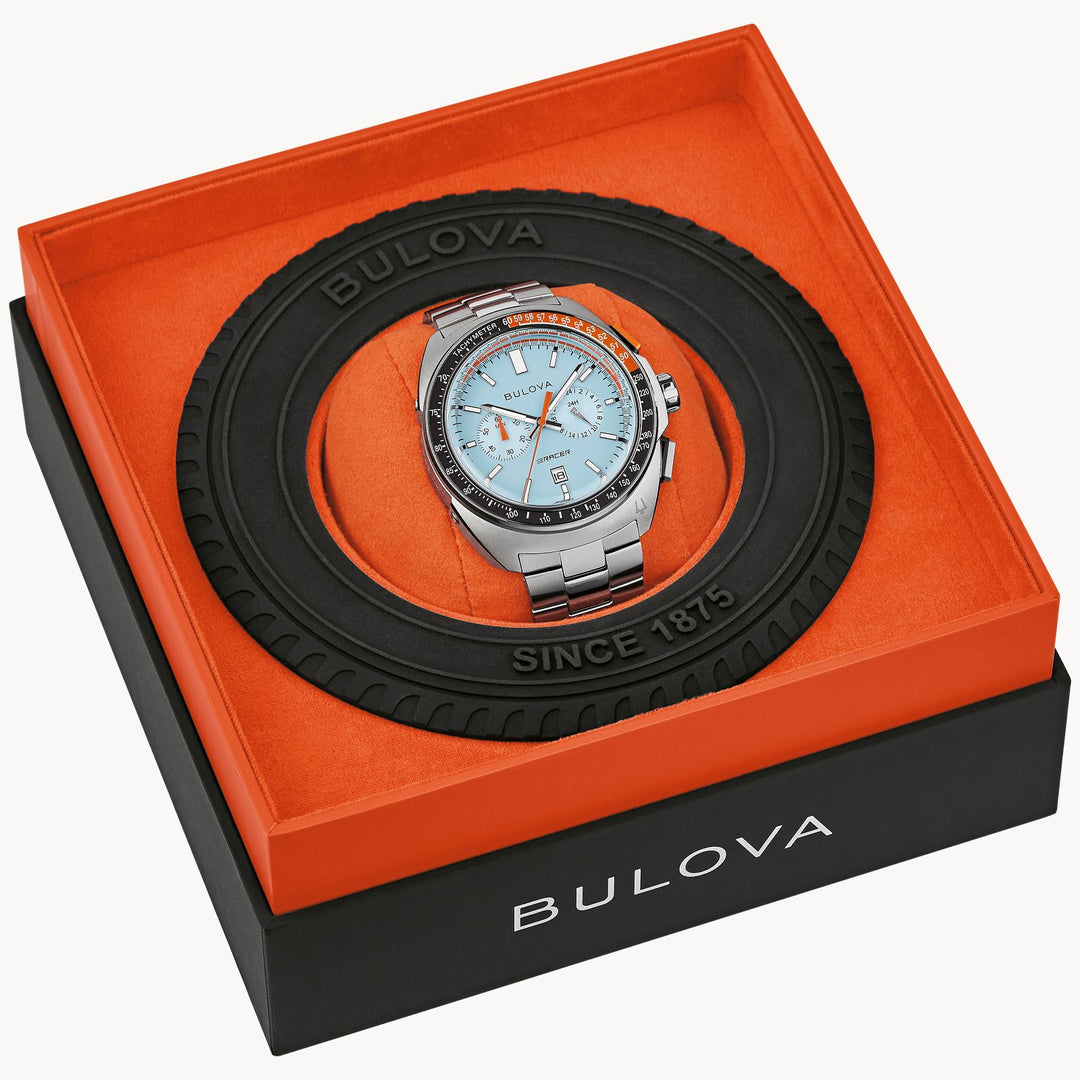 Bulova Racer 42mm Chronograph Quartz Watch. 98b432.

Blue/Steel