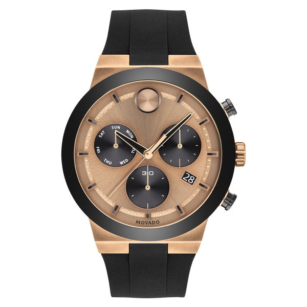 Movado BOLD Fusion, 44 mm bronze ion-plated stainless steel case &amp; black ceramic bezel with a bronze chronograph dial on black silicone strap. 3600711.