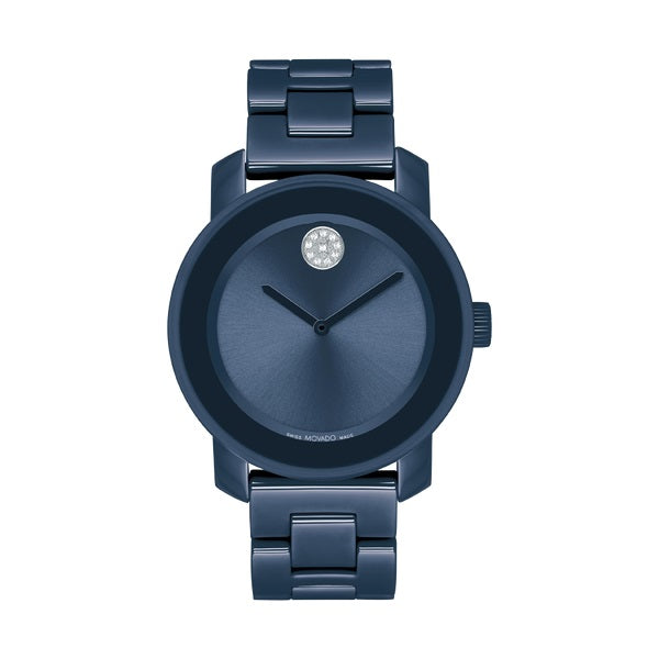 Movado Bold, 36 mm blue ceramic case and bracelet with blue sunray dial and crystal pave dot.  3600805