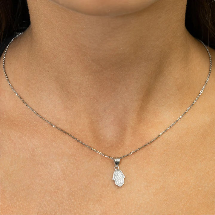 Graziella Sterling Silver 18 Cubic Zirconia Hamsa Necklace