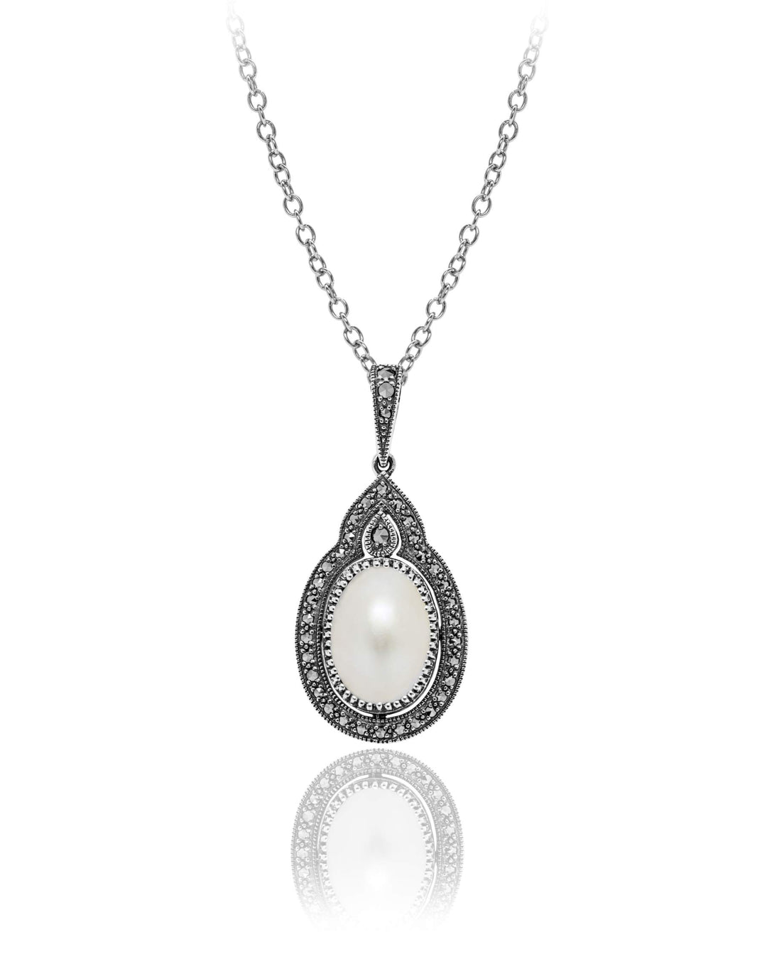 Larus Sterling Silver 18" Oval Mabe Pearl &amp; Marcasite Necklace.