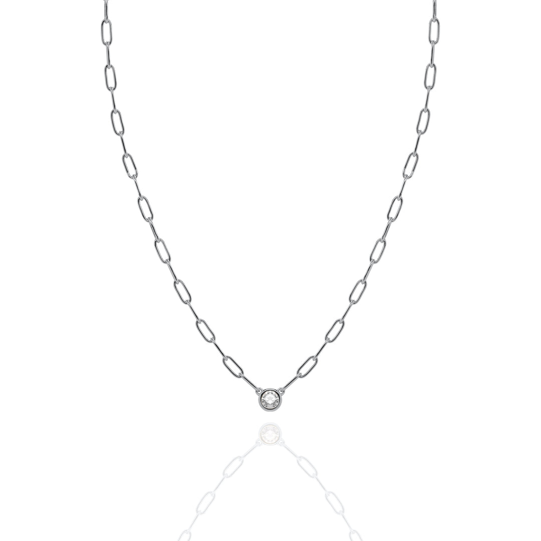 Sterling Silver 18" 5.3mm Bezel Set Round CZ Paperclip Necklace