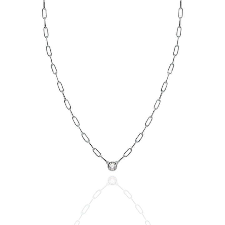 Sterling Silver 18" 5.3mm Bezel Set Round CZ Paperclip Necklace