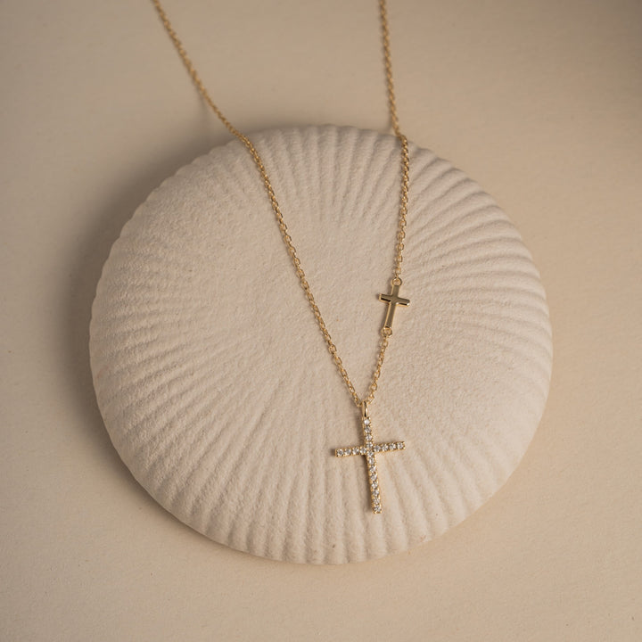 Graziella Sterling Silver Gold Vermeil CZ Pave Cross Necklace