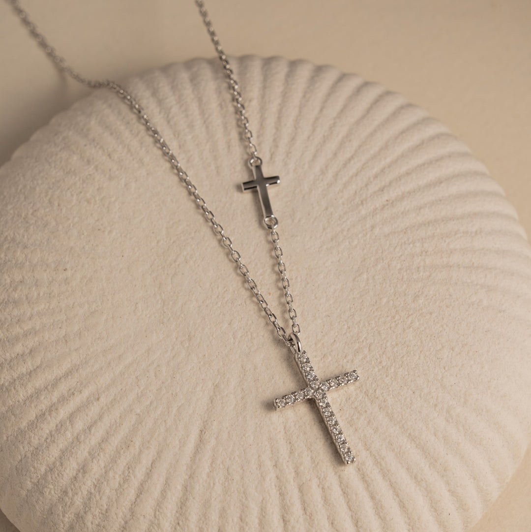 Sterling Silver  CZ Pave Cross with Floating Plain Cross Necklace