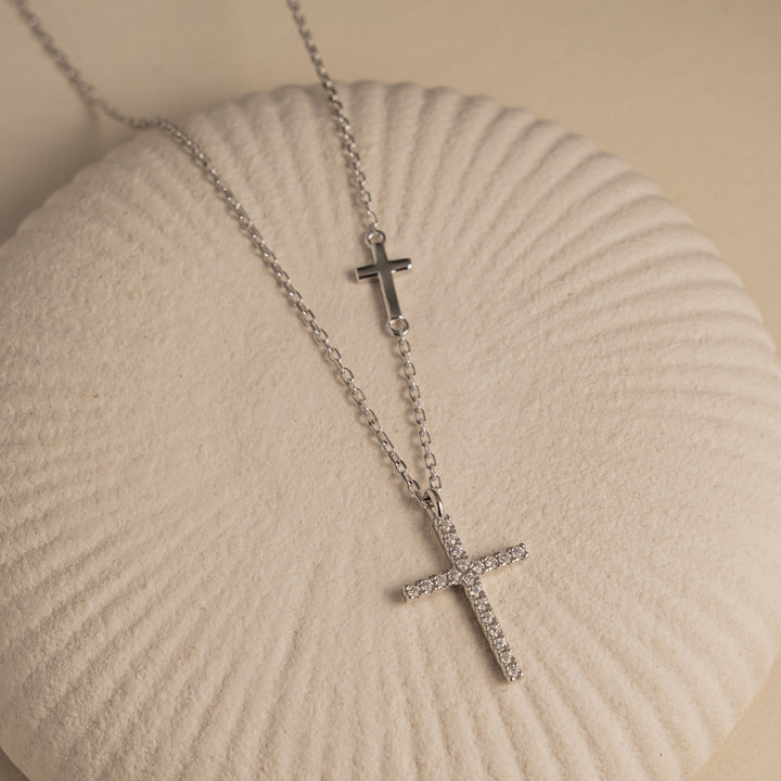Sterling Silver  CZ Pave Cross with Floating Plain Cross Necklace