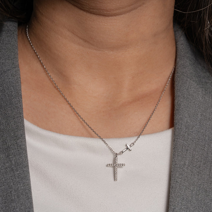 Sterling Silver  CZ Pave Cross with Floating Plain Cross Necklace