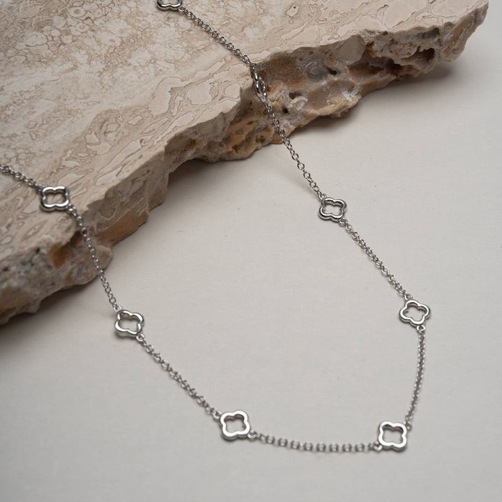 Graziella Sterling Silver Cutout Clover Station Necklace.