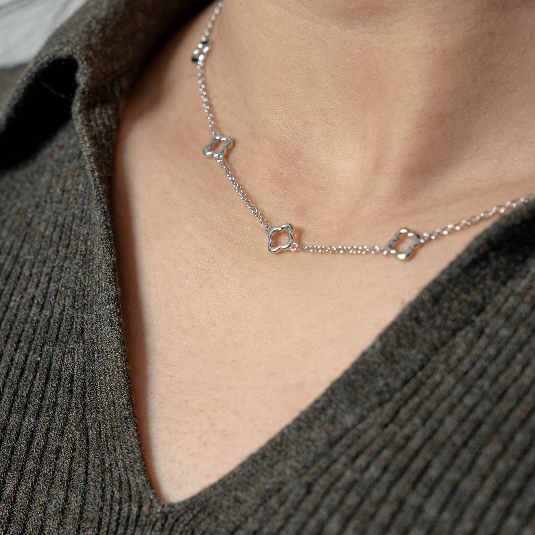 Graziella Sterling Silver Cutout Clover Station Necklace