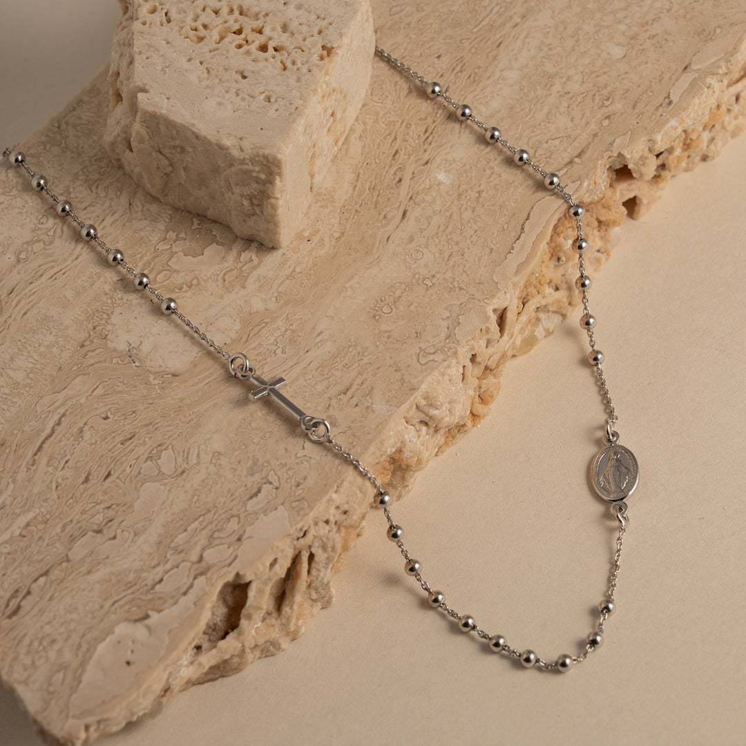 Graziella Sterling Silver Rosary Religious Holy Mary Cross Necklace