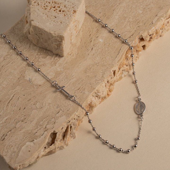 Graziella Sterling Silver Rosary Religious Holy Mary Cross Necklace