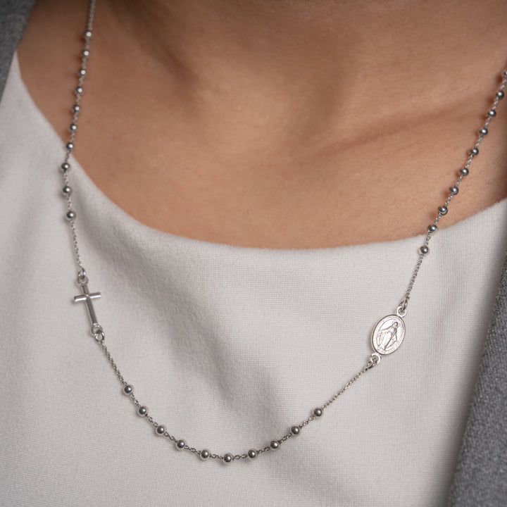 Graziella Sterling Silver Rosary Religious Holy Mary Cross Necklace