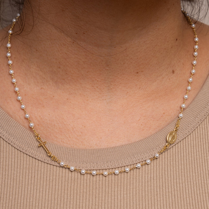 Sterling Silver Gold Vermeil 20" Rosary Religious Pearl Beaded Necklace.