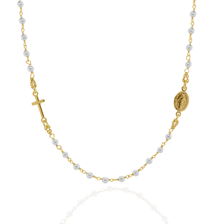 Sterling Silver Gold Vermeil 20" Rosary Religious Pearl Beaded Necklace.
