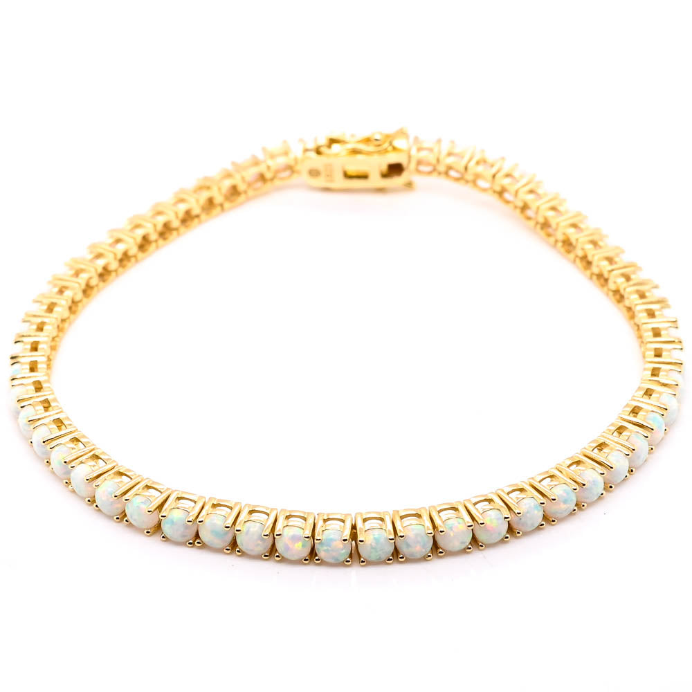 Graziella Sterling Silver Gold Vermeil 7" 8.50CTW LAB Created Opal Tennis Bracelet.