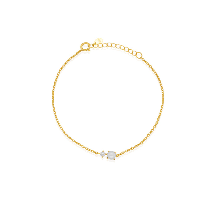 Graziella Sterling Silver Gold Vermeil 7.5" Toi et Moi Freshwater Pearl CZ Bracelet.
