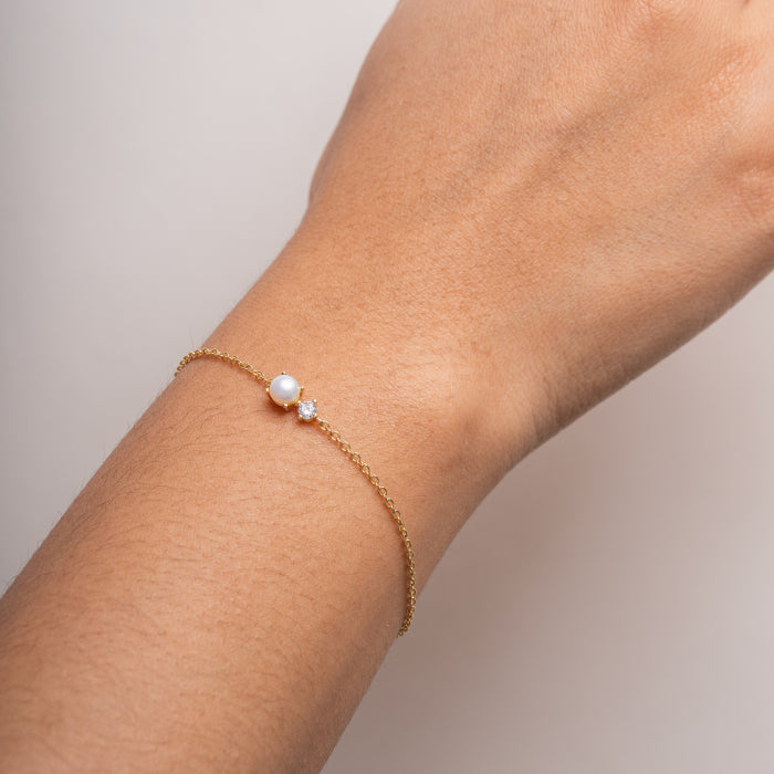 Graziella Sterling Silver Gold Vermeil 7.5" Toi et Moi Freshwater Pearl CZ Bracelet.