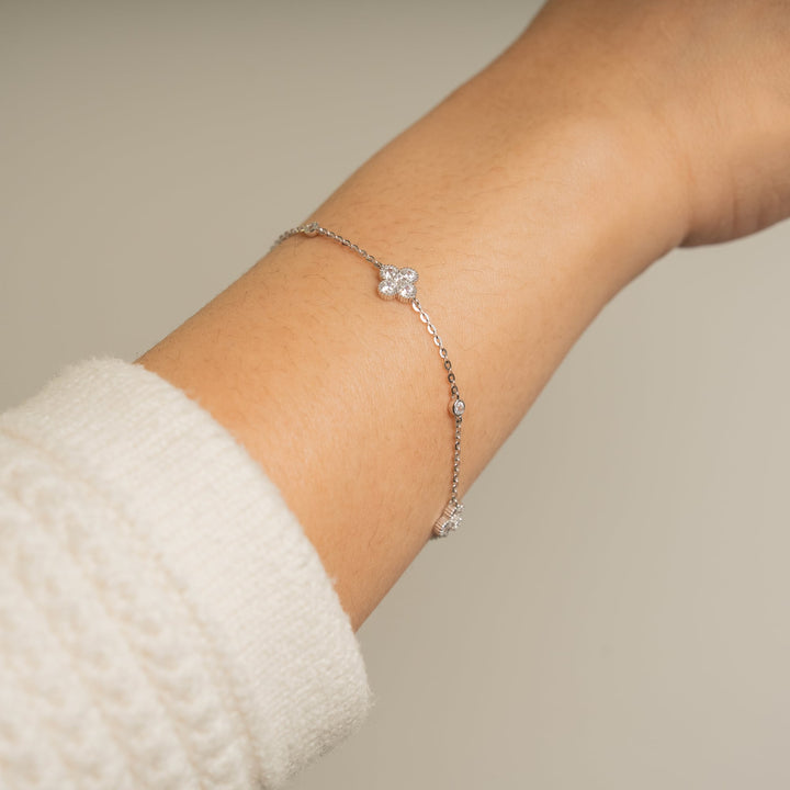 Graziella Sterling Silver Rhodium Plated 7.5"  CZ Clover Bracelets