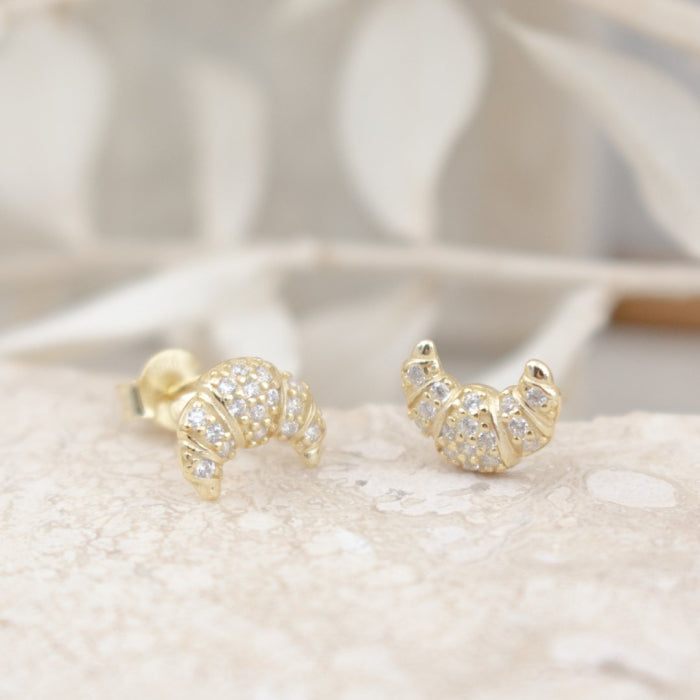 Graziella Sterling Silver Gold Vermeil Mini White CZ Croissants Studs