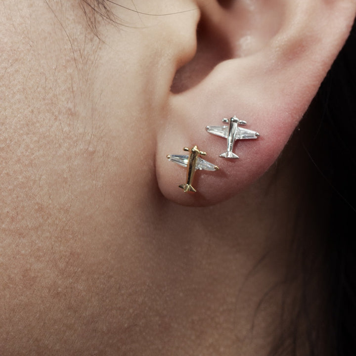 Graziella Sterling Silver Cubic Zirconia Airplane Stud Earrings