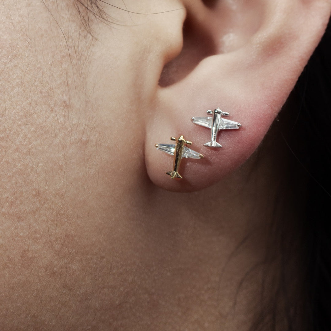 Graziella Sterling Silver Cubic Zirconia Airplane Stud Earrings