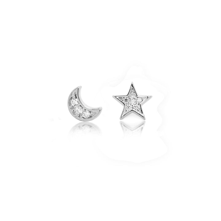 Graziella Rhodium-Plated Sterling Silver Cubic Zirconia Mismatched Moon &amp; Star Stud Earrings