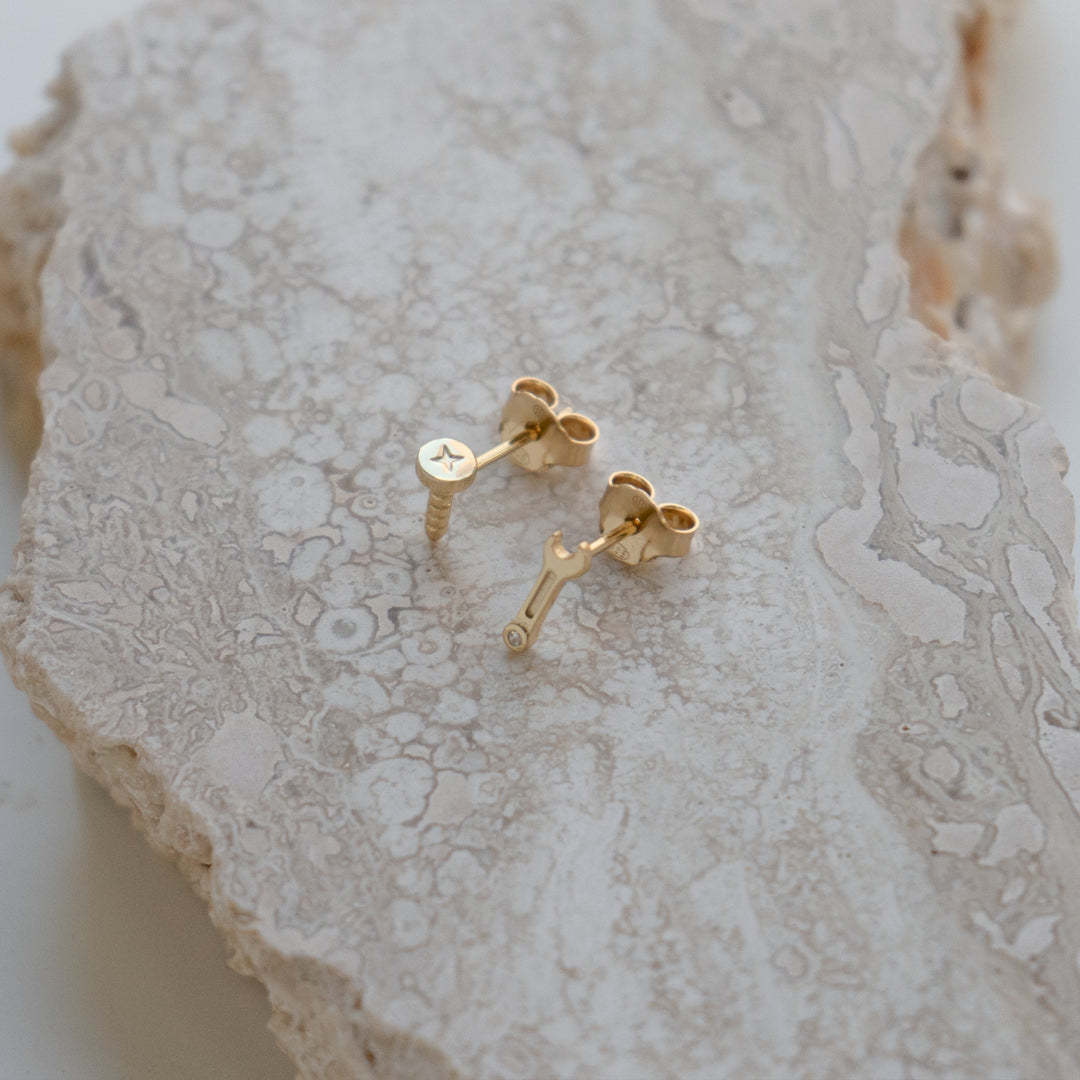 Graziella Sterling Silver Gold Vermeil Mismatched Screw & Wrench Stud Earrings.