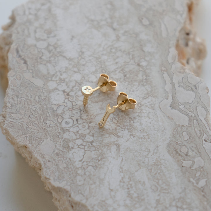 Graziella Sterling Silver Gold Vermeil Mismatched Screw & Wrench Stud Earrings.
