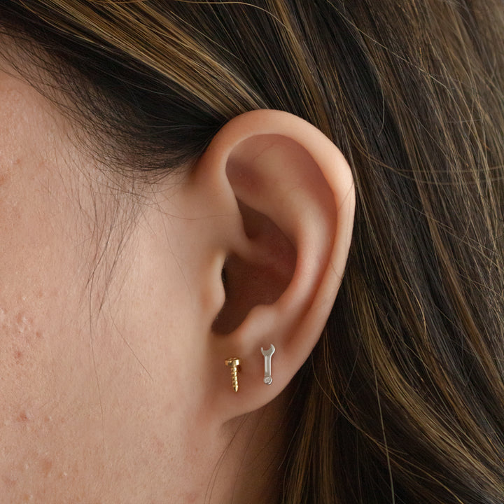 Graziella Sterling Silver Gold Vermeil Mismatched Screw & Wrench Stud Earrings.
