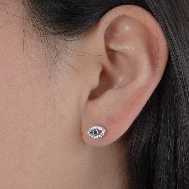 Graziella Sterling Silver Rhodium Plated CZ Evil Eye Stud Earrings.