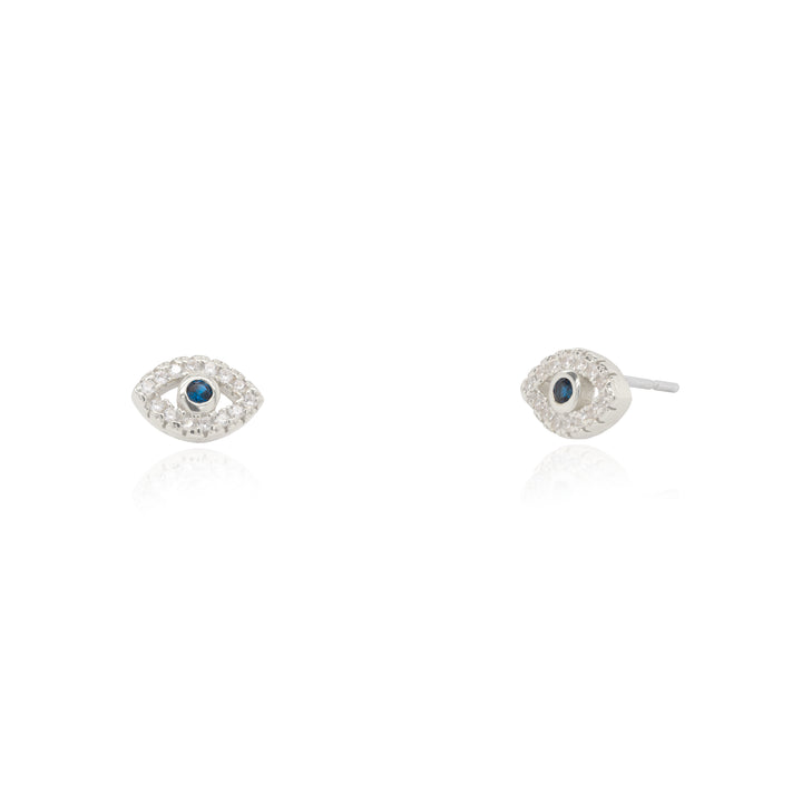 Graziella Sterling Silver Rhodium Plated CZ Evil Eye Stud Earrings.