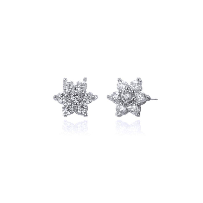 Graziella Sterling Silver Rhodium Plated CZ Flower Cluster Stud Earrings.