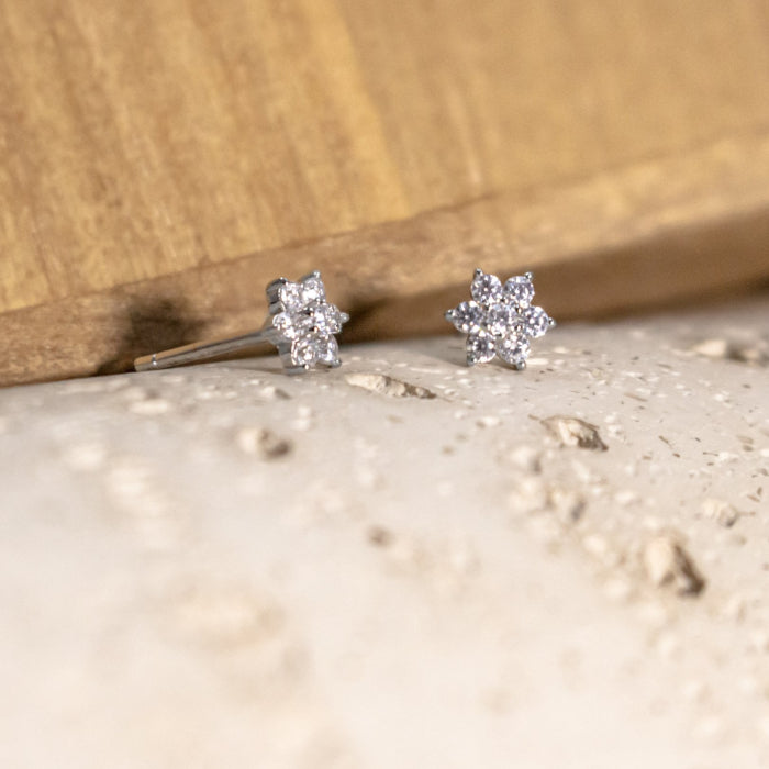 Graziella Sterling Silver Rhodium Plated CZ Flower Cluster Stud Earrings.