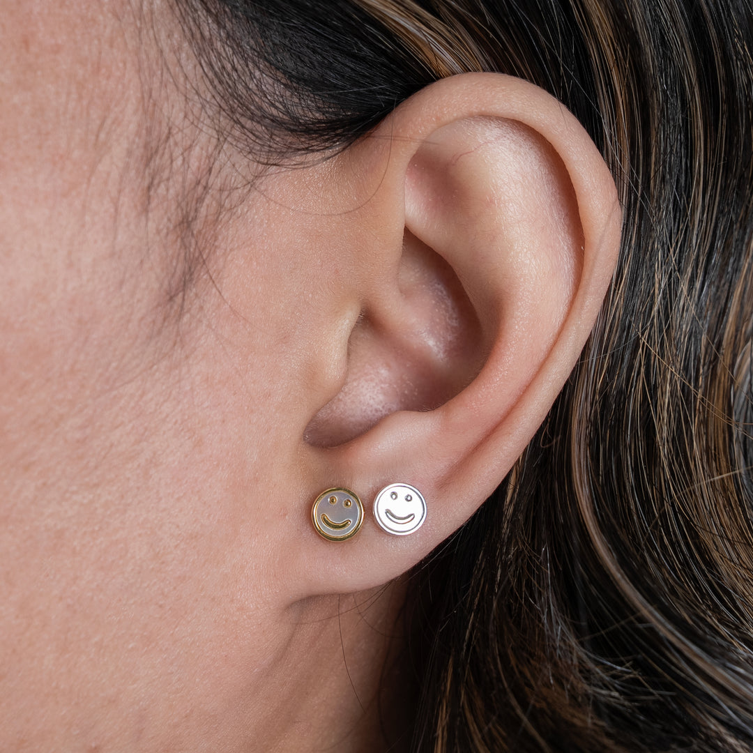 Graziella Sterling Silver Mother of Pearl Smiley Face Stud Earrings.