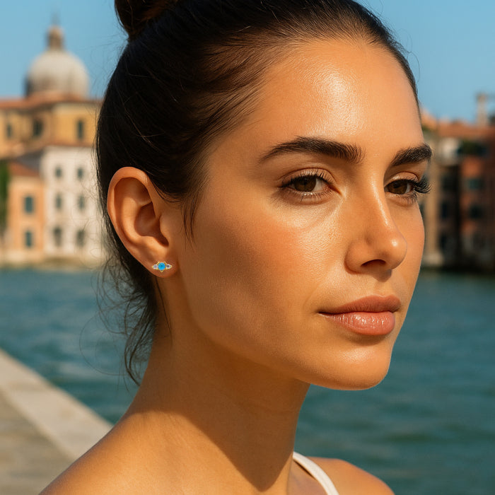 Graziella Sterling Silver Gold Vermeil CZ Dainty Blue Opal Stud Earrings.