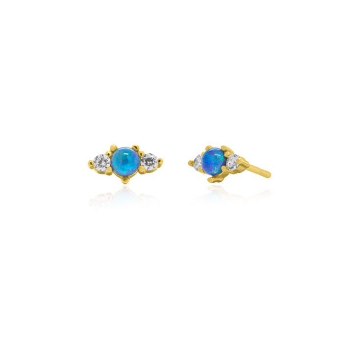 Graziella Sterling Silver Gold Vermeil CZ Dainty Blue Opal Stud Earrings.