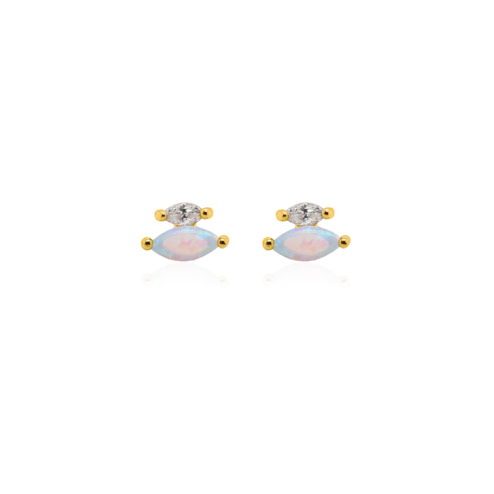 Graziella Sterling Silver Sterling Silver Gold Vermeil Marquise Cut CZ & Opal Stud Earrings.