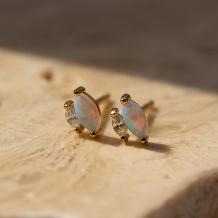 Graziella Sterling Silver Sterling Silver Gold Vermeil Marquise Cut CZ &amp; Opal Stud Earrings.