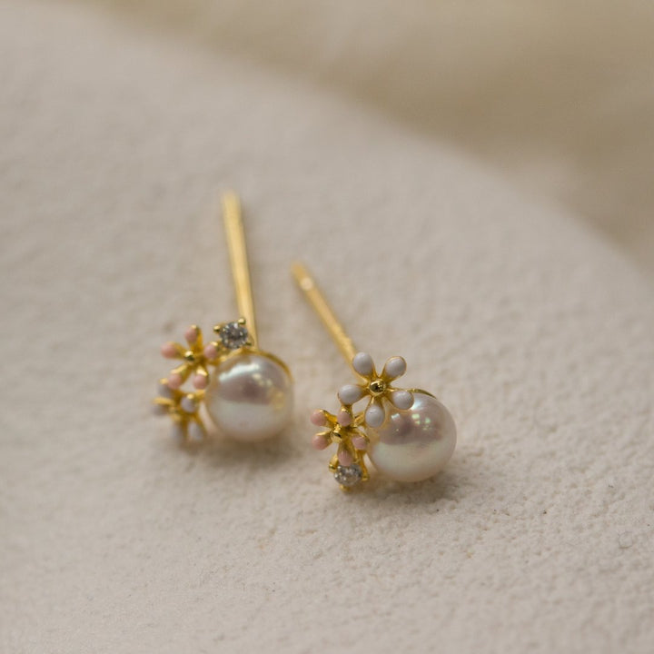 Graziella Sterling Silver Gold Vermeil Cubic Zirconia Pearl Double Flowers Stud Earrings