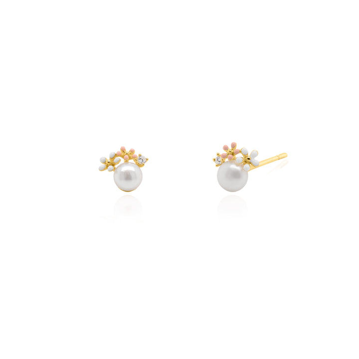 Graziella Sterling Silver Gold Vermeil Cubic Zirconia Pearl Double Flowers Stud Earrings