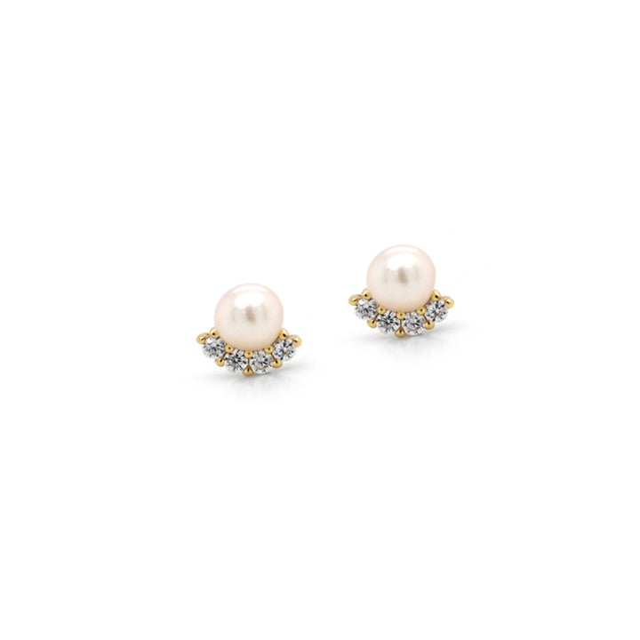 Graziella Sterling Silver Gold Vermeil CZ Sunshine Pearl Stud Earrings.