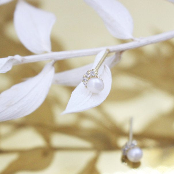 Graziella Sterling Silver Gold Vermeil CZ Sunshine Pearl Stud Earrings.