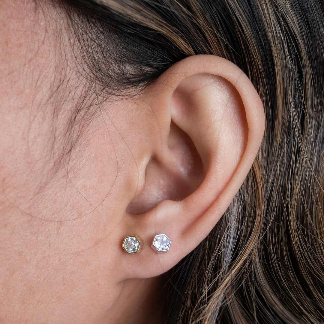 Sterling Silver Bevel Set Cubic Zirconia Hexagon Stud Earrings