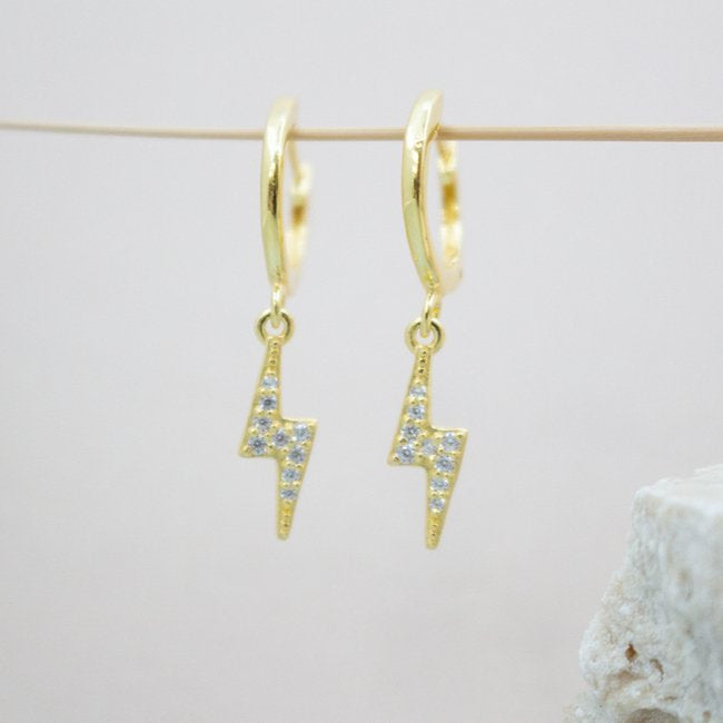 Graziella Sterling Silver Gold Vermeil CZ Dangling Lightning Bolt Hugg