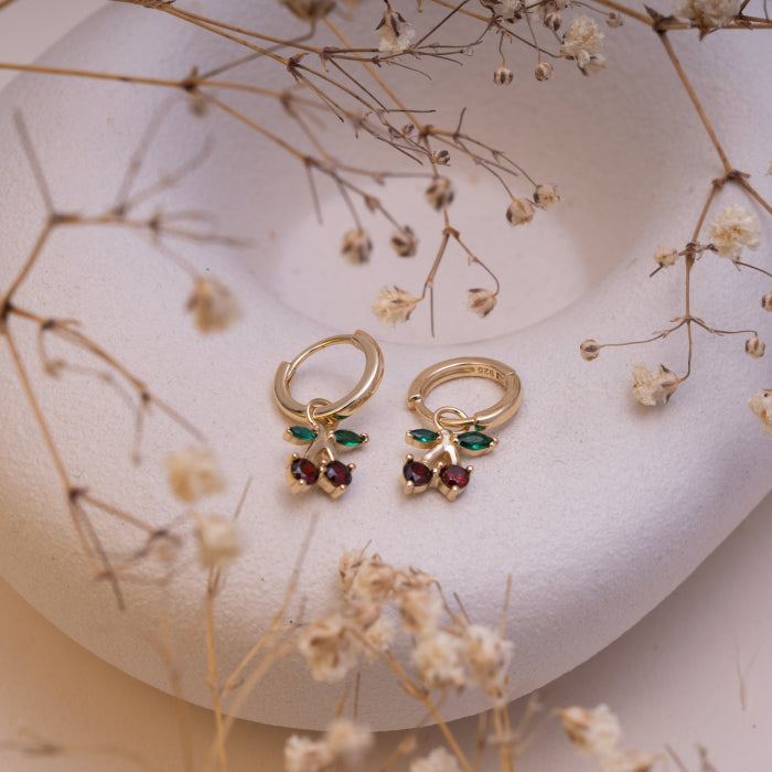 Graziella Sterling Silver Gold Vermeil Cubic Zirconia Cherries Huggie Earrings