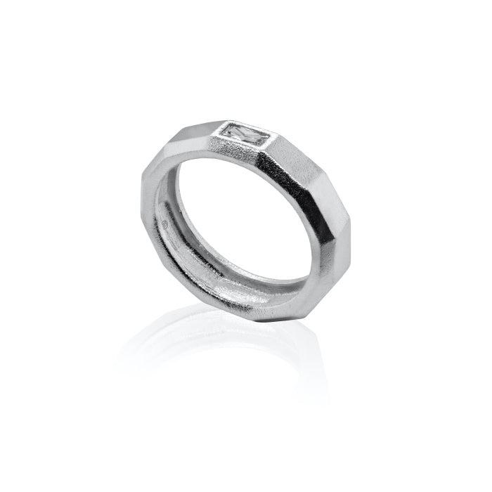 Sterling Silver Rhodium Plated Brushed Faceted Band Ring with Centre CZ Men&